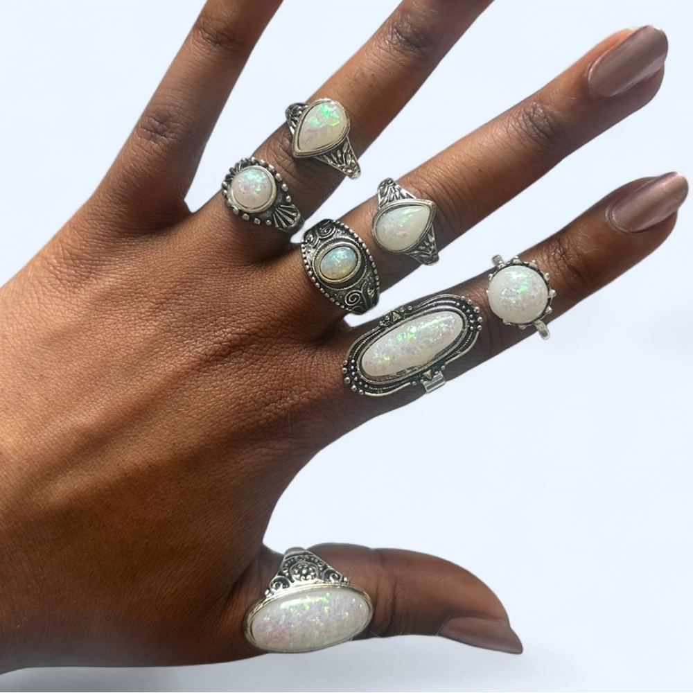 Set of Whimsygoth Silver Opalescent Statememt Rings Size 7